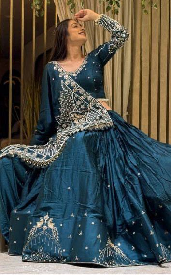 Teal Blue Crepe Silk Embroidered Lehenga Choli Set