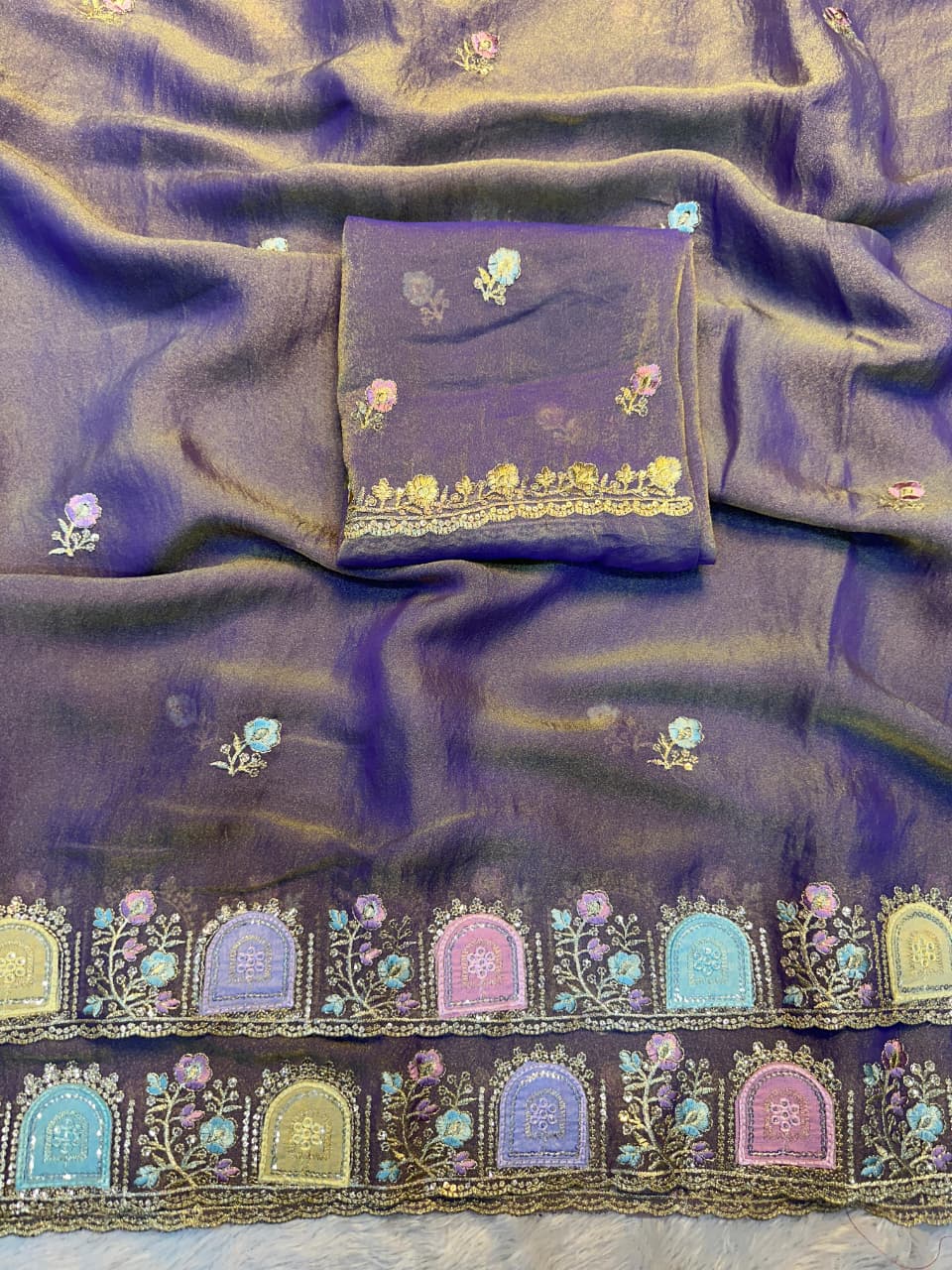 Star Satin Georgette Saree with Thread & Sequins Embroidery Border
