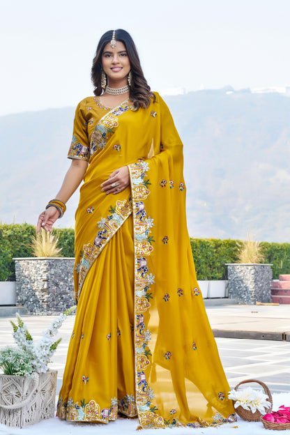 Pure Satin Chiffon Embroidery Wedding Saree with Latkan & Mono Silk Blouse – Festival Special