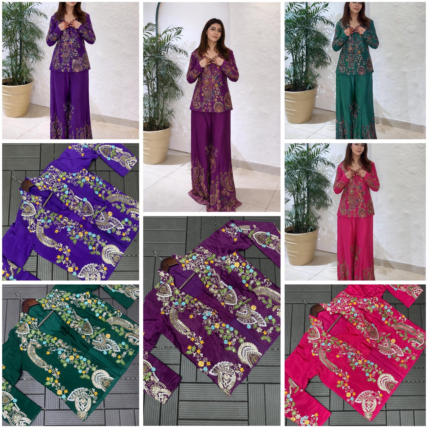 Designer Party Wear Embroidery Jacket Palazzo Set – Heavy Chinon 3 Piece Outfit