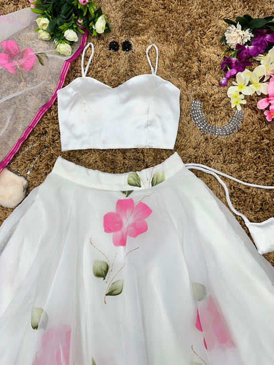 Hand Painted Organza Silk Lehenga with Satin Silk Blouse & Dupatta