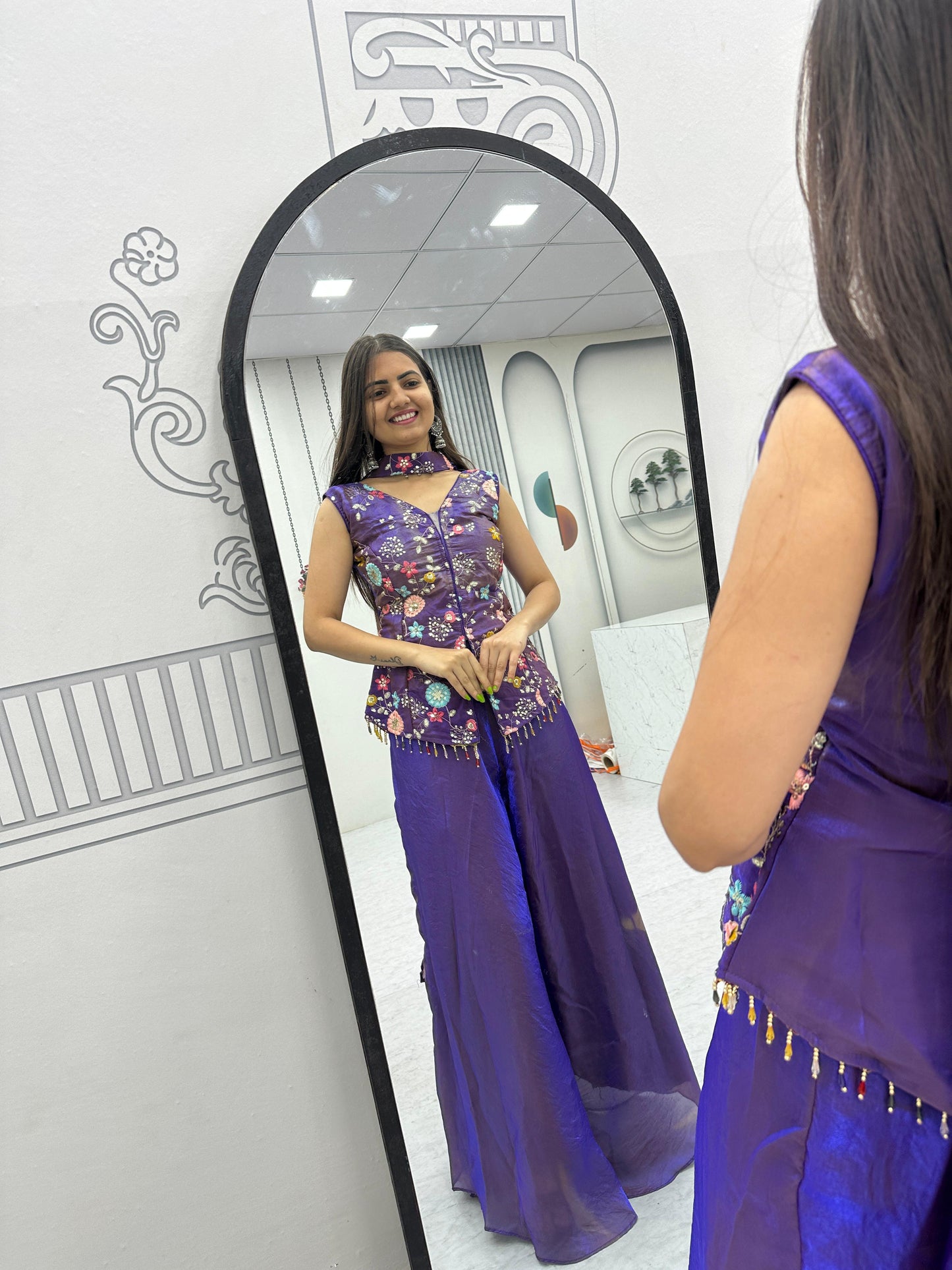 Purple Tissue Embroidery Palazzo Set with Dupatta