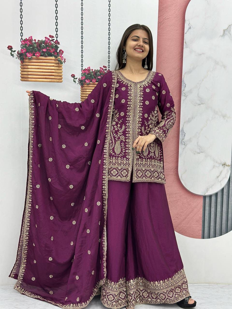 Designer Chinon Party Wear Top Plazzo Set