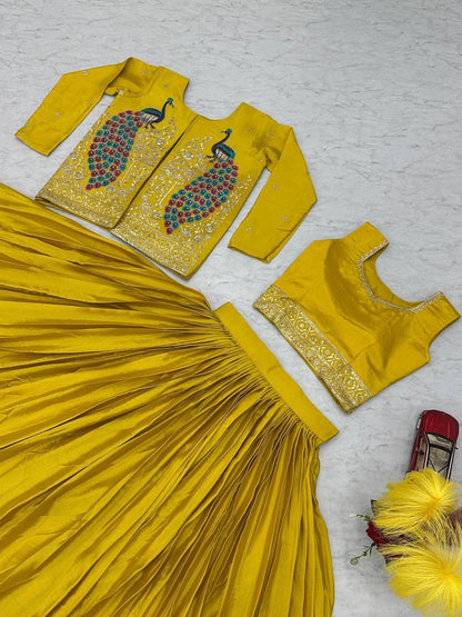 Festival Special Chinon Crop Top Lehenga with Embroidered Jacket (Yellow)