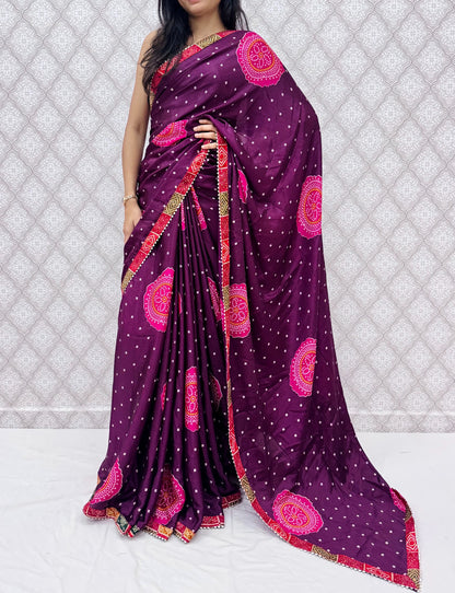 Chinon Bandhani Style Printed Saree with Designer Contrast Border (6.30 Mtr)