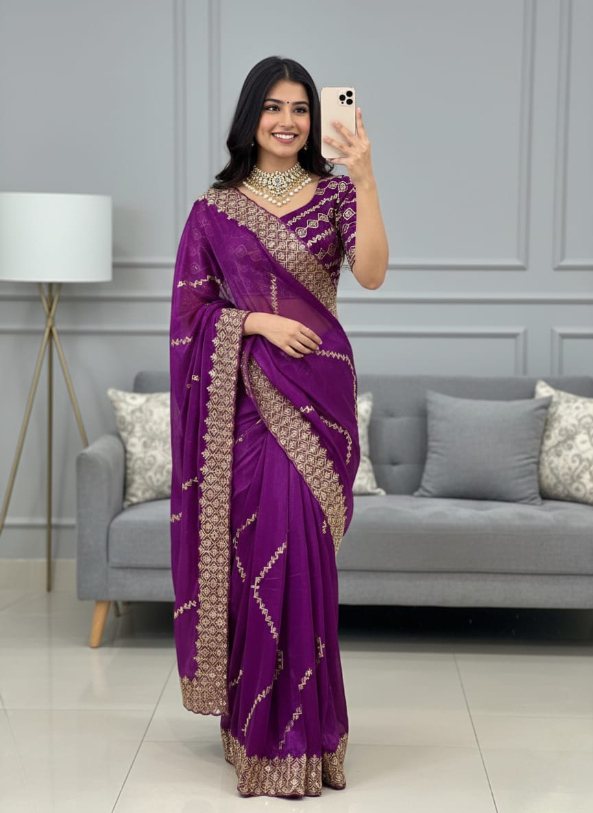 Shanaya Zimmy Choo Silk Saree With Heavy Embroidery Sequence Work & Blouse (Up to 42”)