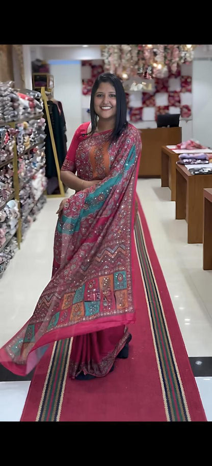 Yellow Mirror Chinon Saree with Digital Print & Mirror Work