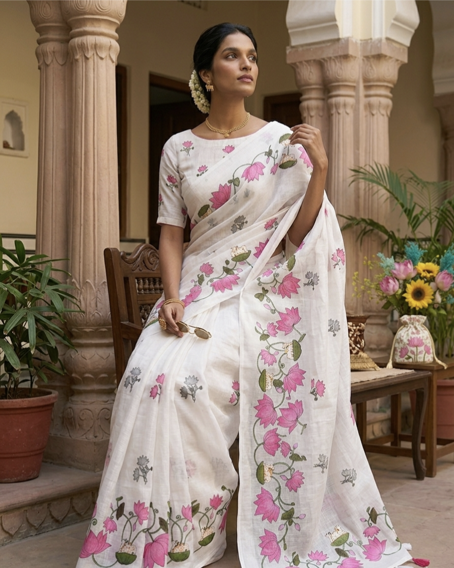 Premium Linen Cotton Floral Print Saree With Tassels & Blouse Piece | Soft Lightweight Daily Wear Saree