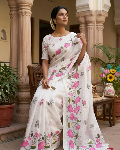 Premium Linen Cotton Floral Print Saree With Tassels & Blouse Piece | Soft Lightweight Daily Wear Saree