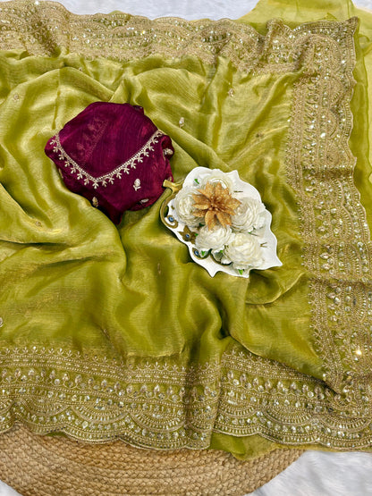 Elegant Space Chiffon Embroidery Saree with Scallop Border