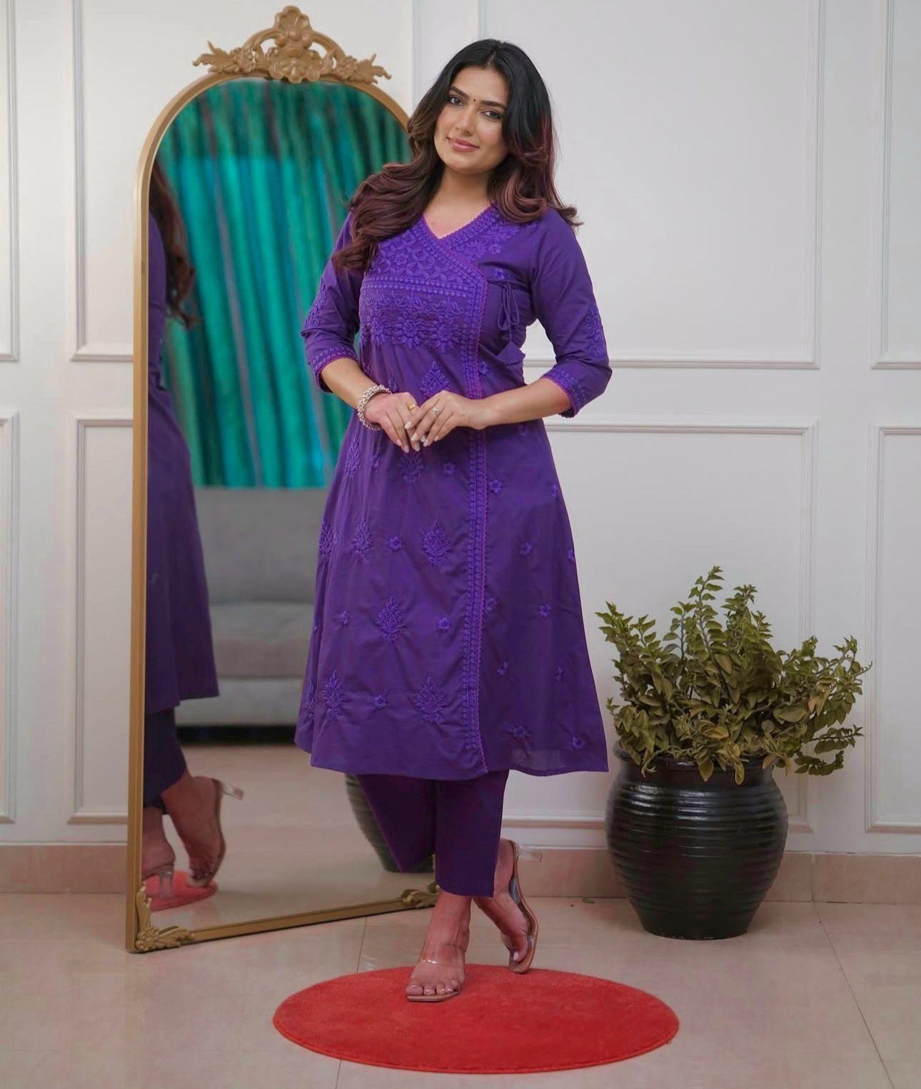 Cotton Chikankari Angrakha Kurti Set