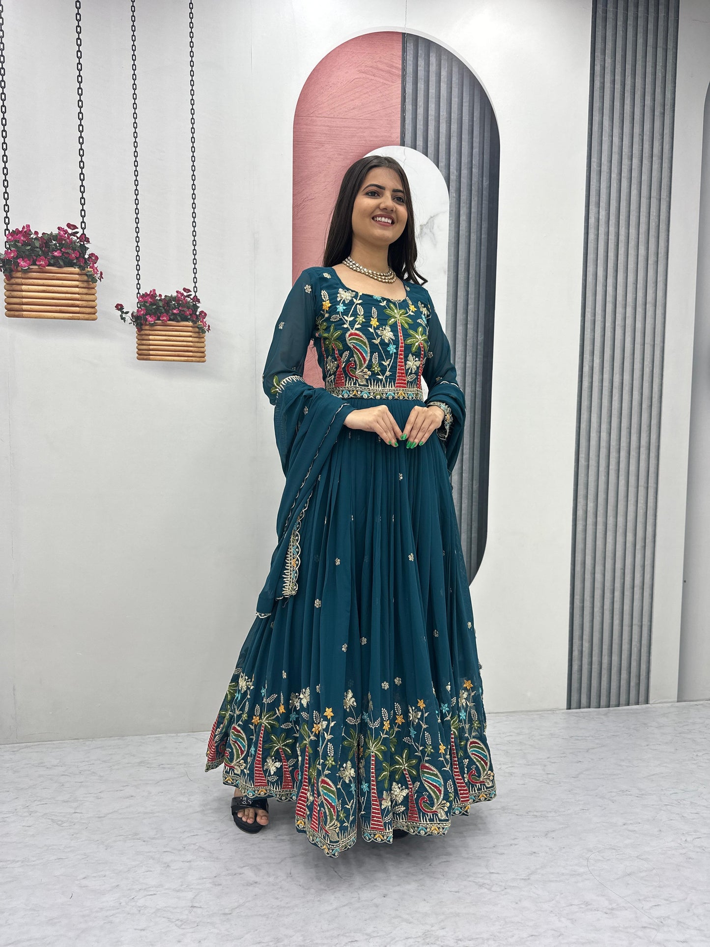 Embroidered Georgette Festive Gown with Dupatta