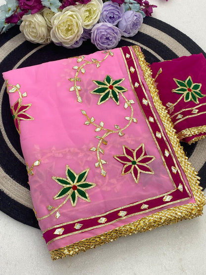 Hand Charkhi Gota Patti Work Georgette Saree