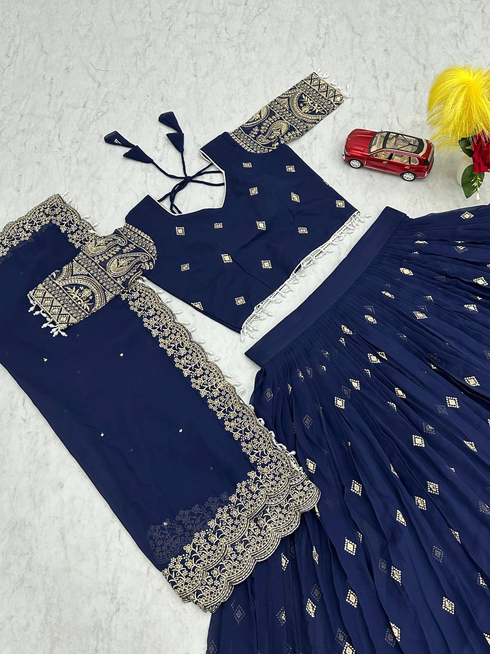 Navy Blue Fox Georgette Embroidered Festival Wear Lehenga Choli Set