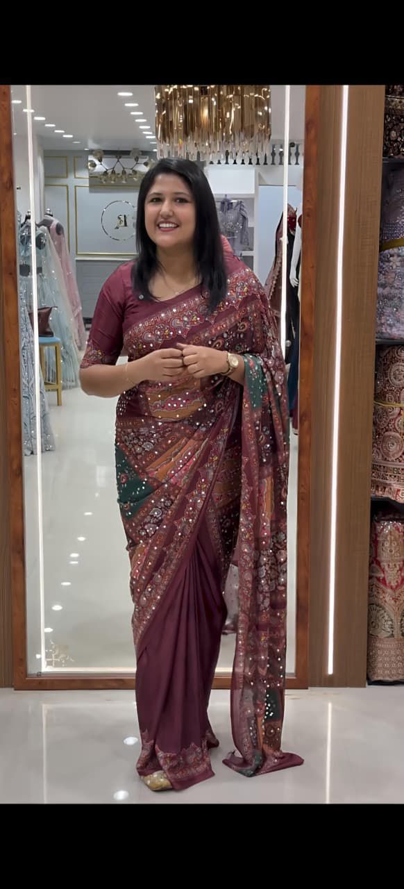 Yellow Mirror Chinon Saree with Digital Print & Mirror Work
