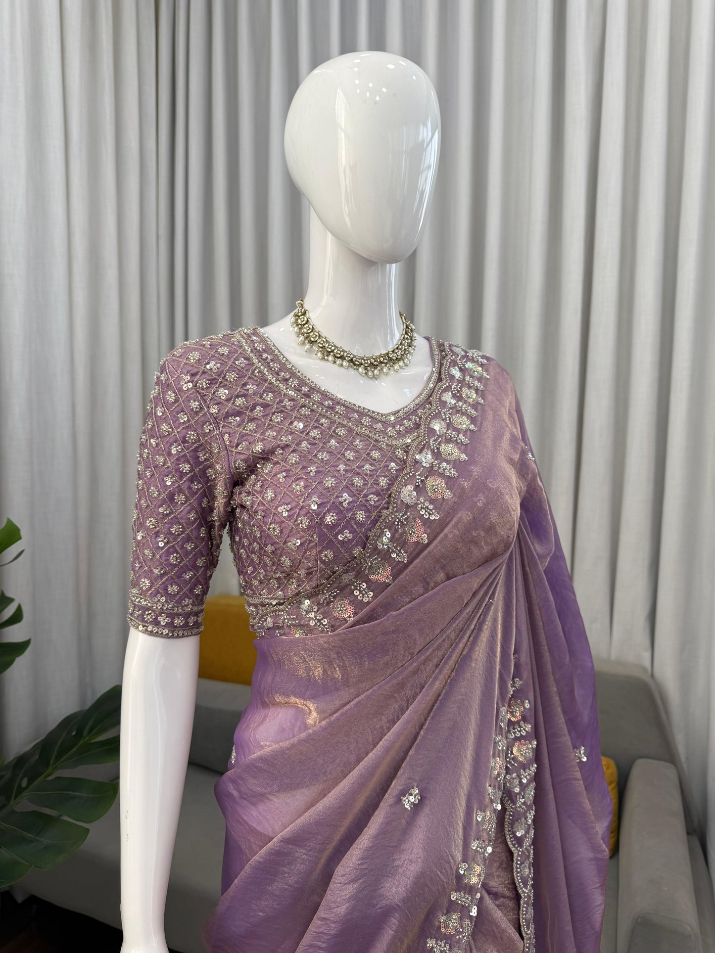 Women Lavender Fendy Silk Heavy Beads & Sequins Embroidered Designer Saree