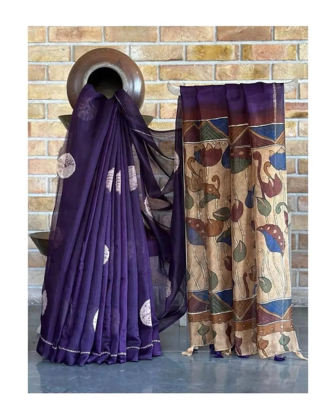 Linen Kalamkari Print Saree With Digital Print & Tassels