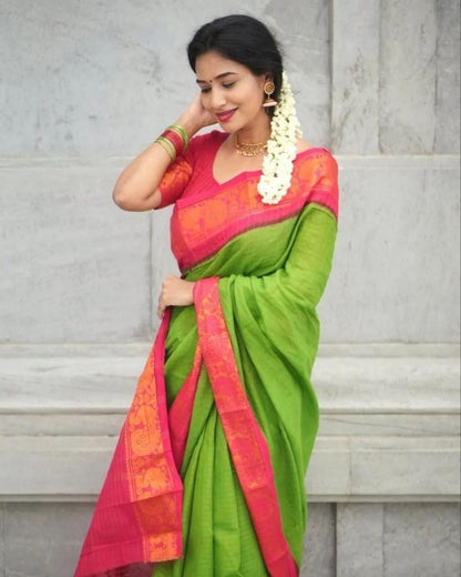 Green Cotton Saree with Pink Traditional Border