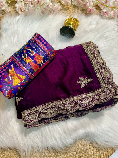 Premium Fendy Satin Saree with Coding Sequence Work