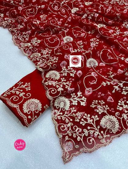 Elegant Red Designer Saree with Allover Embroidery Work – Party Wear Collection