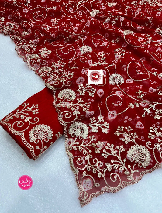 Elegant Red Designer Saree with Allover Embroidery Work – Party Wear Collection