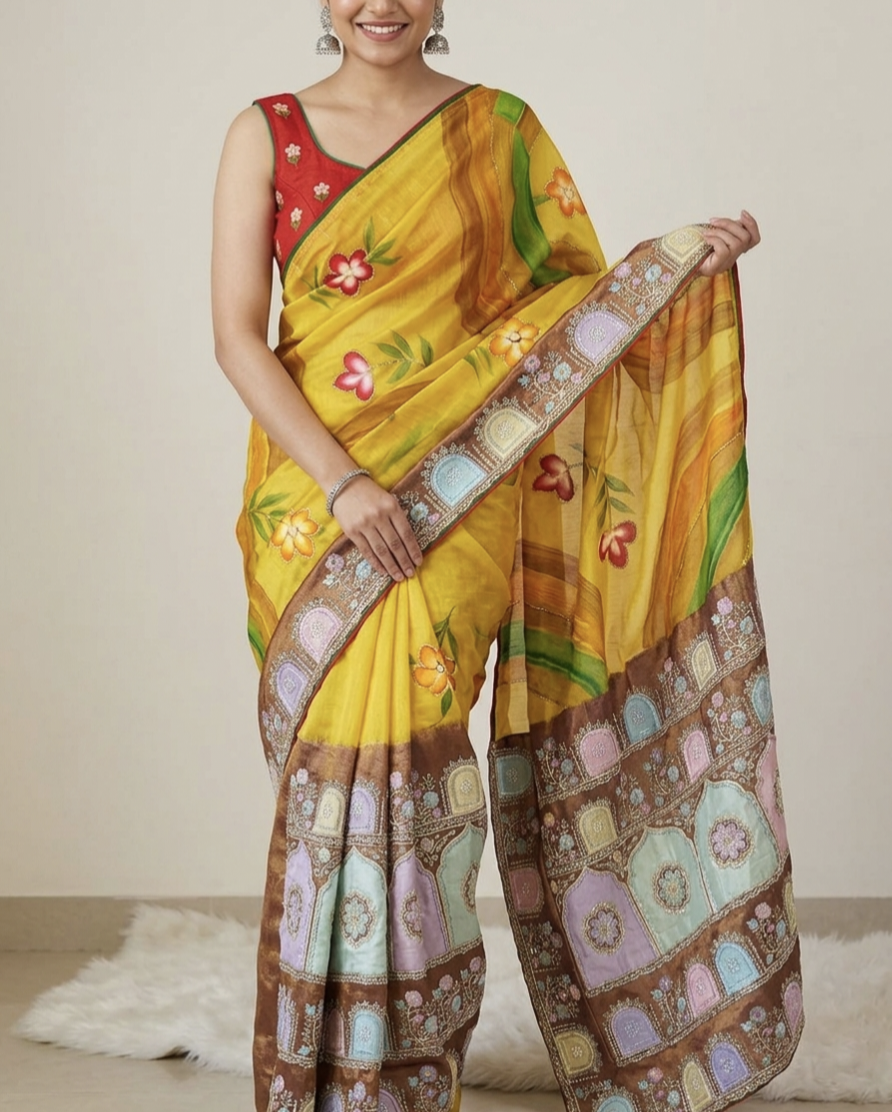 Elegant Floral Printed Soft Silk Saree with Multi Color Border
