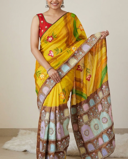 Elegant Floral Printed Soft Silk Saree with Multi Color Border