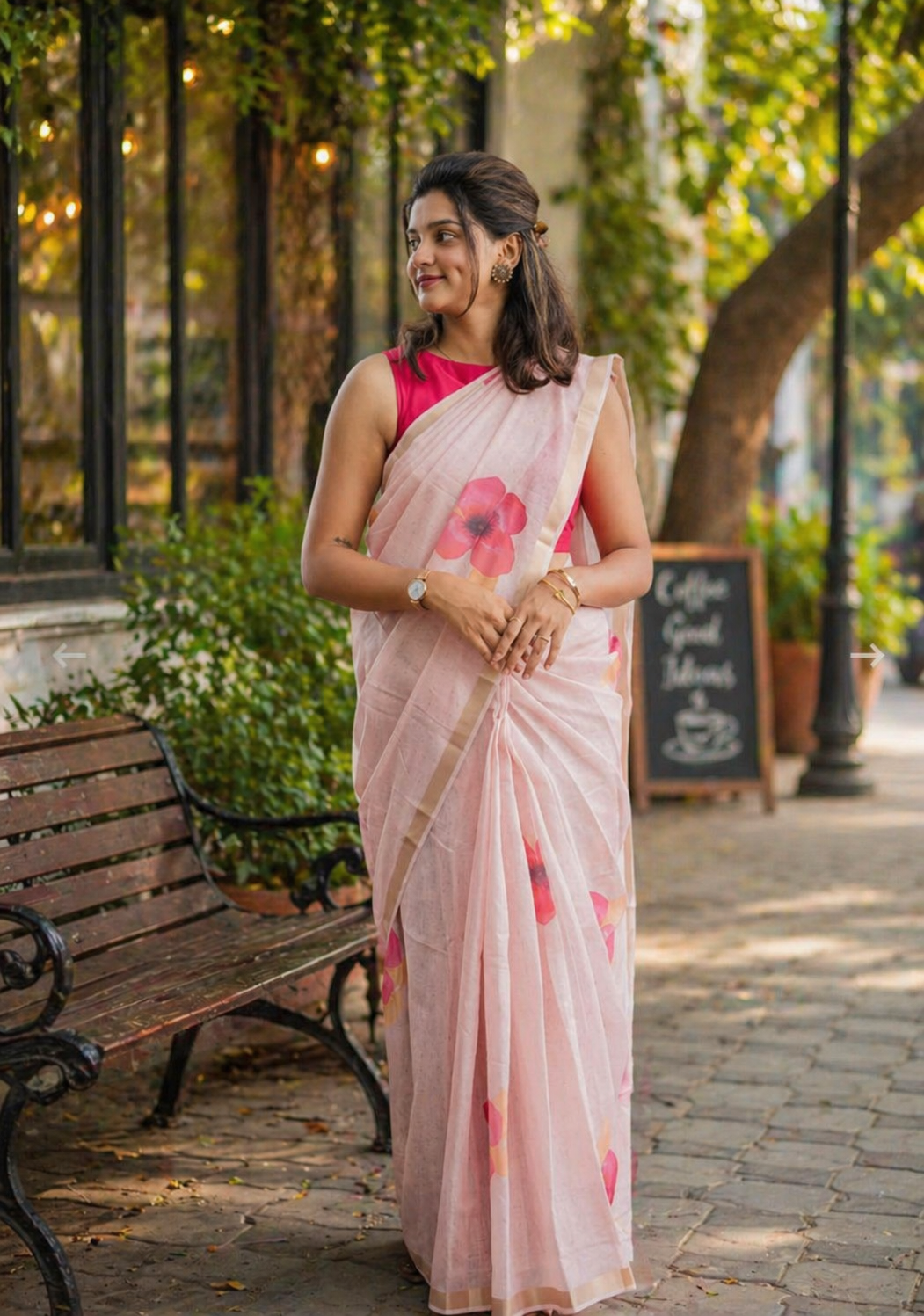 Flower Linen Saree – Soft Lightweight Floral Printed Designer Saree with Blouse