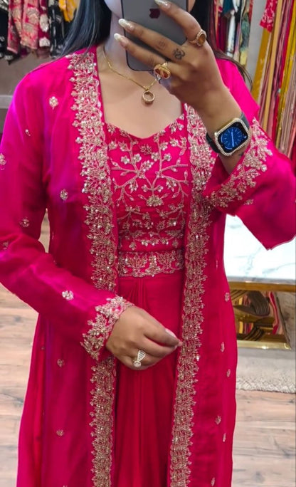 Premium Chinon Silk Embroidered Shrug Sharara Set – Party & Festive Wear