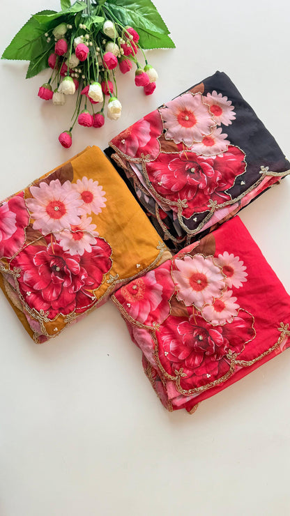 Guldasta Pure Georgette Silk Saree with Digital Floral Print & Cutdana Work