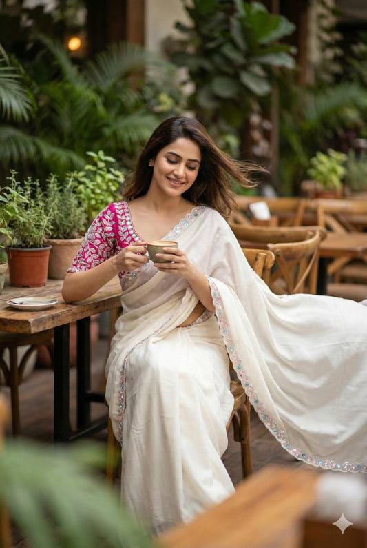 White Star Satin Georgette Handwork Saree