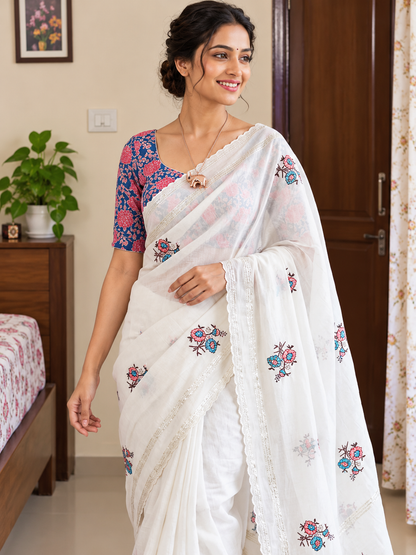 Star Georgette Saree with All Over Floral Embroidery & Digital Print Blouse