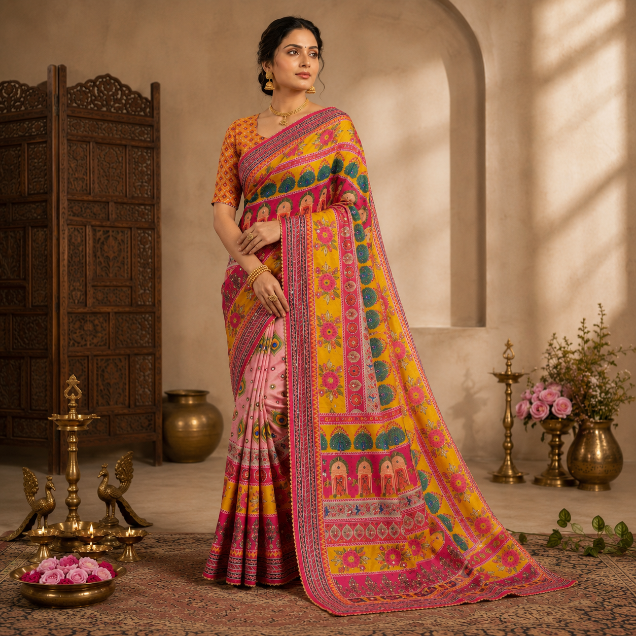 Karigari Soft Chinon Silk Digital Print Saree with Hand Aari Work & 2000+ Real Mirror Work
