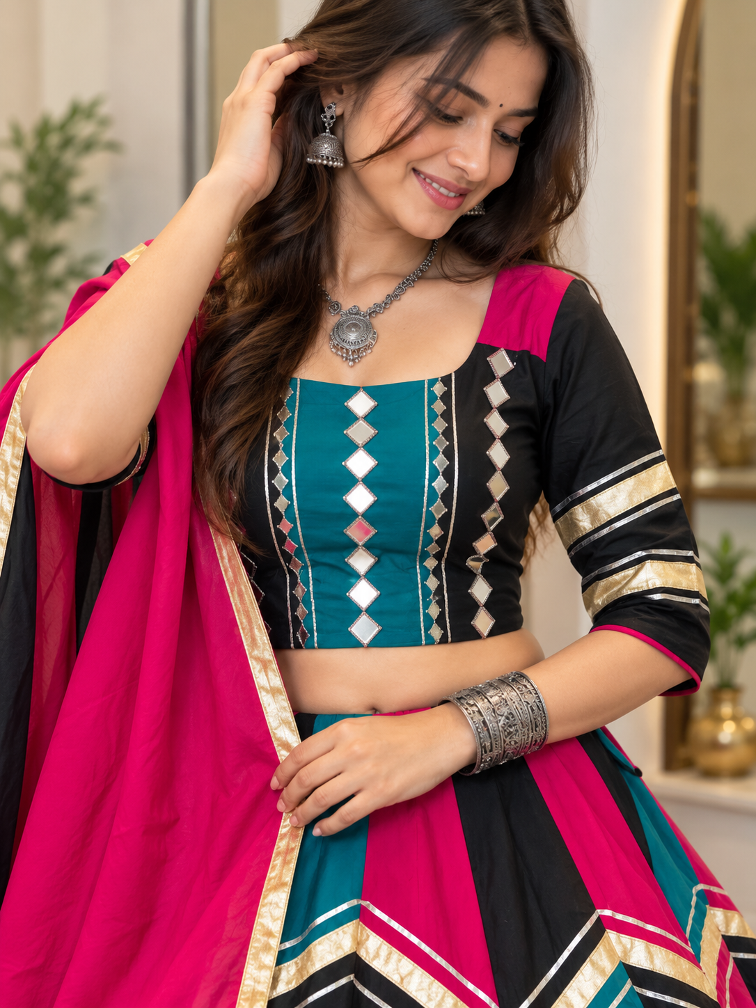 Navratri Special Roman Silk Lehenga Choli with Real Mirror Work | 6+ Meter Flair
