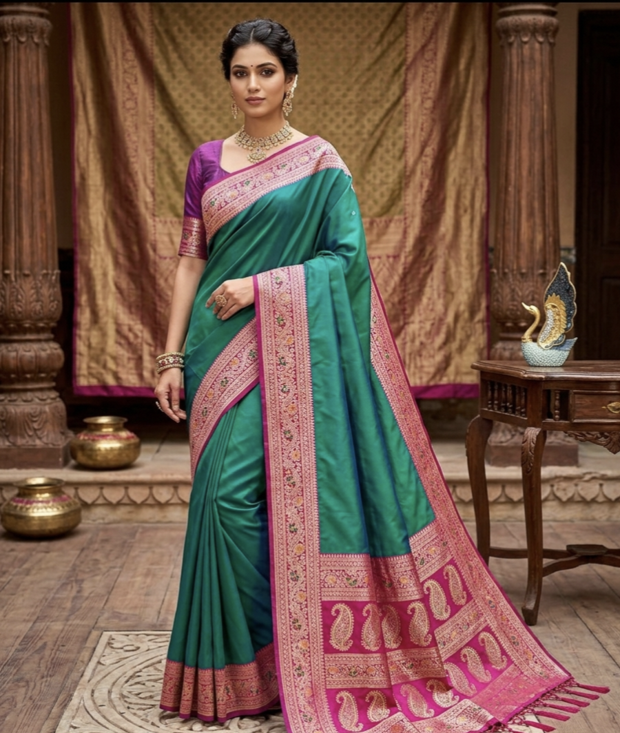 Premium Gala Silk Saree with Meenakari Zari Pallu & Contrast Designer Border