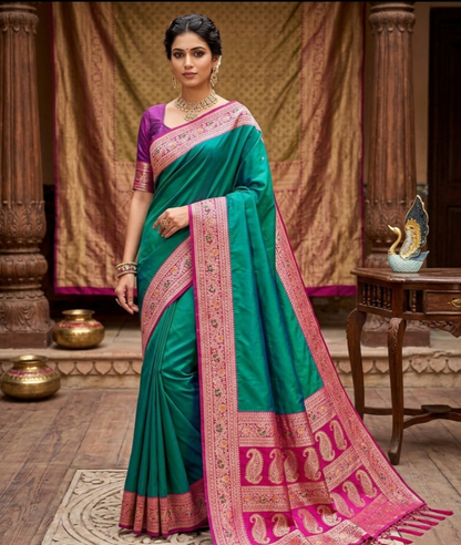 Premium Gala Silk Saree with Meenakari Zari Pallu & Contrast Designer Border