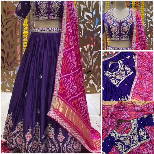 Purple Chinon Embroidery Lehenga Choli with Gotta Patti Work | Full Stitched