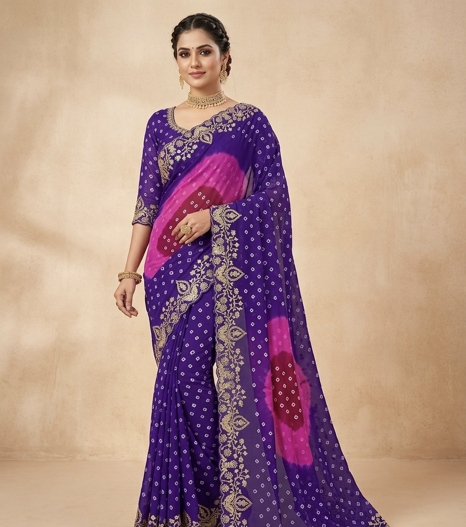 Designer Bandhani Tie-Dye Saree with Heavy Embroidered Border – Festive Wear Collection