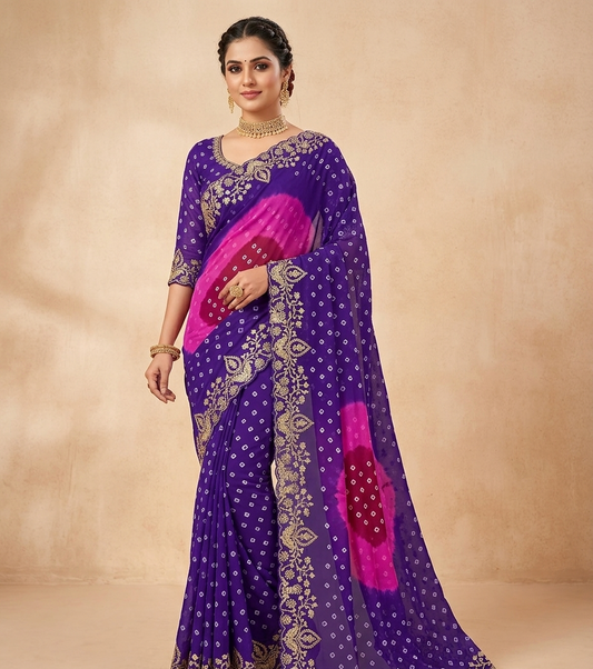 Designer Bandhani Tie-Dye Saree with Heavy Embroidered Border – Festive Wear Collection