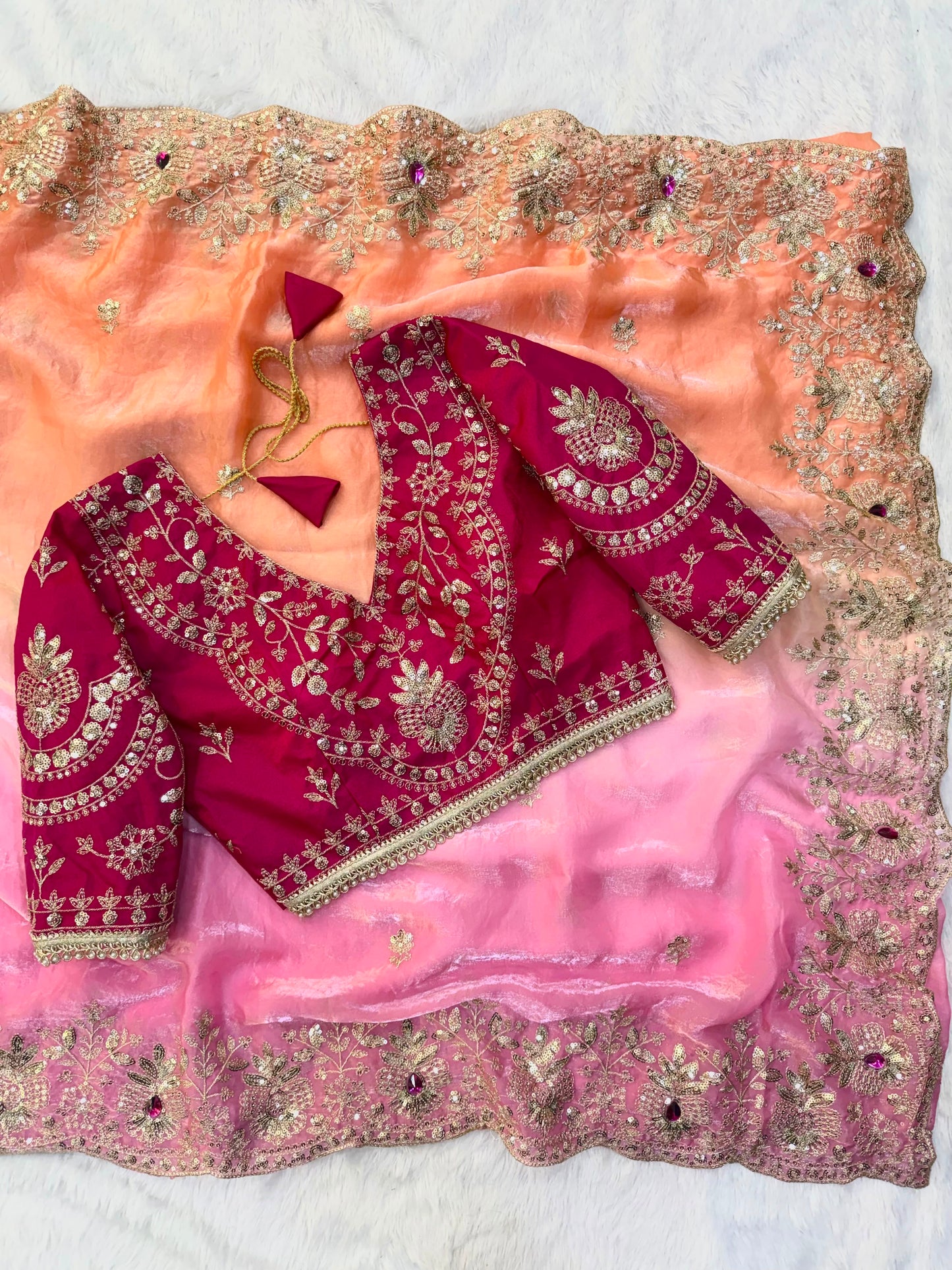 Soft Space Silk Shaded Saree with Hand Mina, Sequins & Zari Embroidery | Full Stitch Blouse