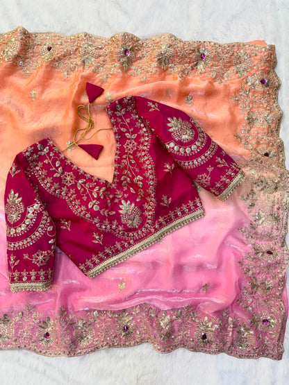 Soft Space Silk Shaded Saree with Hand Mina, Sequins & Zari Embroidery | Full Stitch Blouse