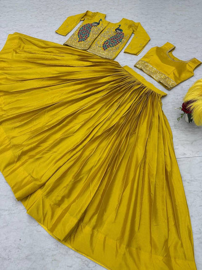 Festival Special Chinon Crop Top Lehenga with Embroidered Jacket (Yellow)