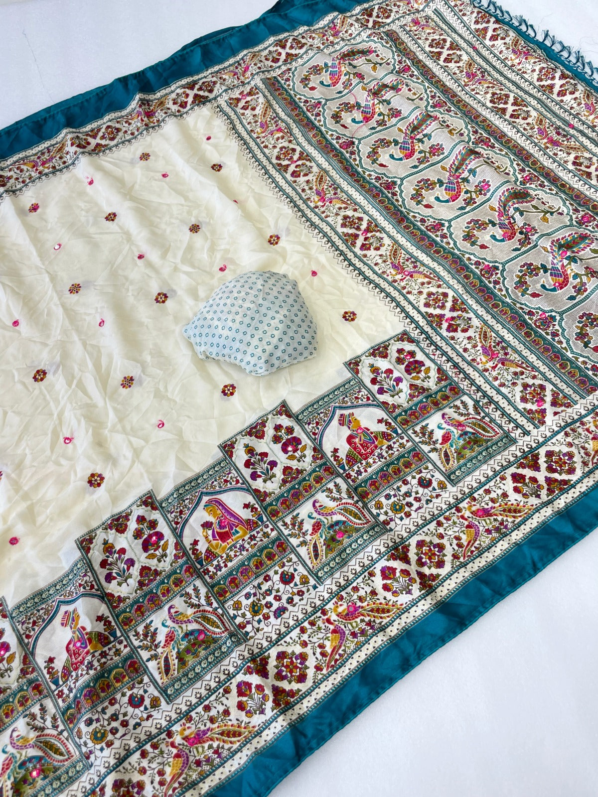 Premium Pure Moss Chiffon Saree with Peacock Floral Print & Mirror Work