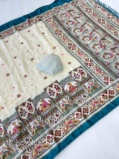 Premium Pure Moss Chiffon Saree with Peacock Floral Print & Mirror Work