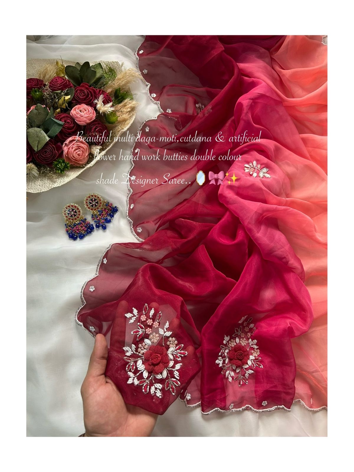 Vrinda Designer Organza Saree With Handwork Butties & Cutdana Border