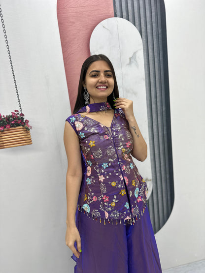 Purple Tissue Embroidery Palazzo Set with Dupatta