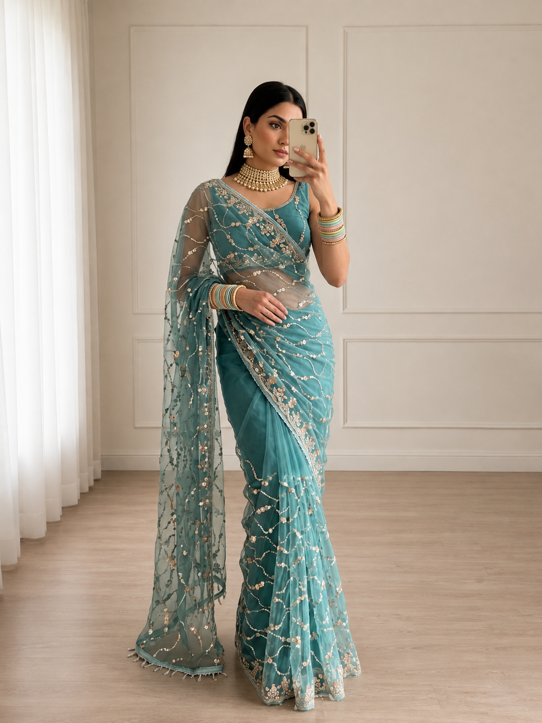 Sufy Premium Butterfly Net Saree with Beads & Moti Sequin Work