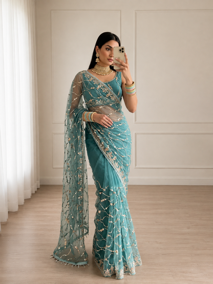 Sufy Premium Butterfly Net Saree with Beads & Moti Sequin Work