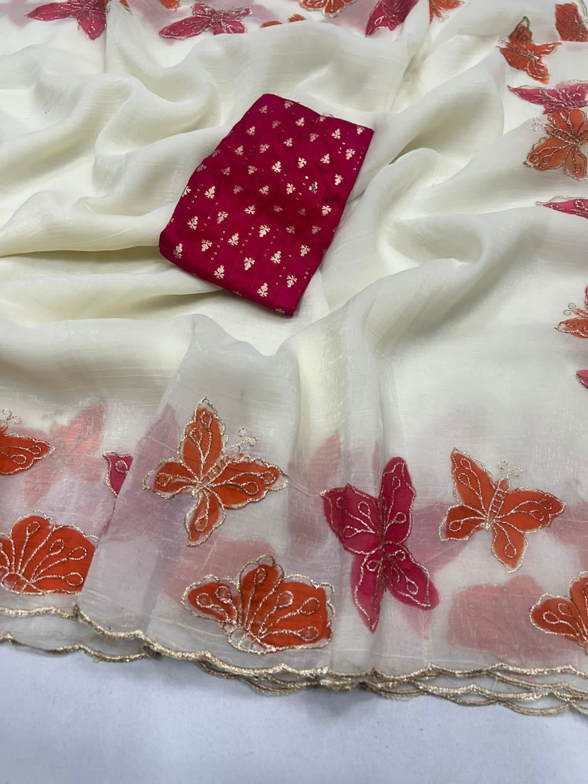 Crunchy Chiffon Embroidered Saree with Contrast Sequin Blouse