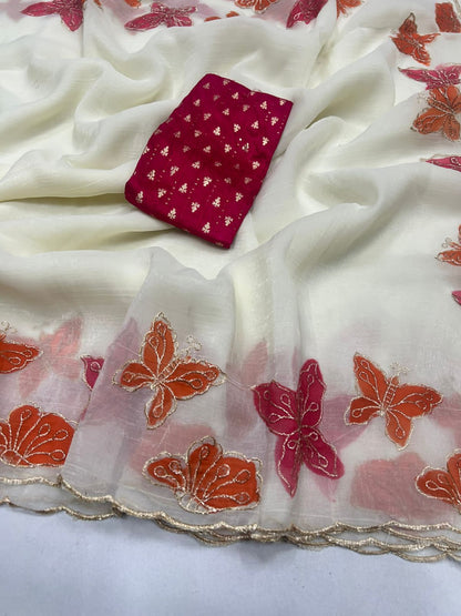 Crunchy Chiffon Embroidered Saree with Contrast Sequin Blouse